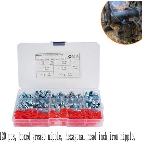 120pcs Stainless Steel Grease Nipple Oil Mouthwith Dust Cap Grease Nipple Butter Gun Fittings 45/90/180 Degree M6 M10 1/8" 1/4"