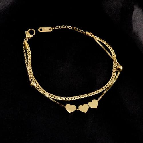 Sweet Heart Titanium Steel Bracelet Ins Niche Design Korean Simple Sex Double-layer Gold Color Bracelets Female Hand Jewelry