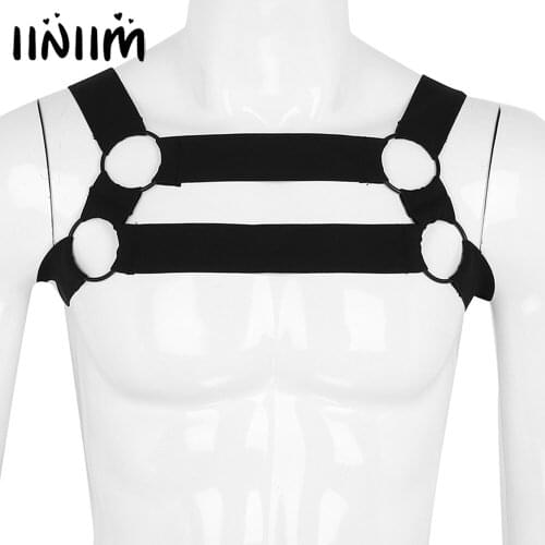 Mens Strong Nylon Elastic Shoulder Body Chest Harness Costumes Belt with Metal O Rings Arm Muscles Bondage Party Harness Men