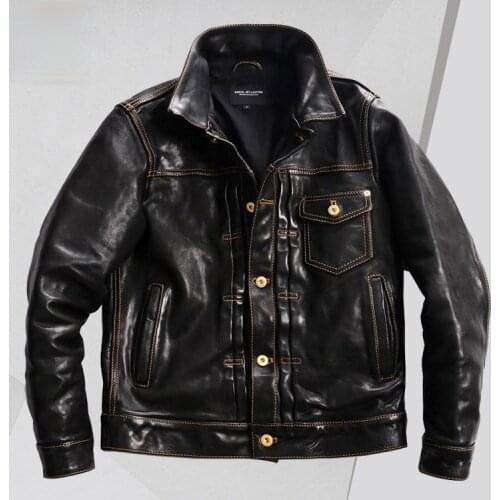 American Lapel Denim Pleated Horse Leather Jacket Men and Women Couple Casual Rock Motorcycle Leather Jacket Winter Jacket Men