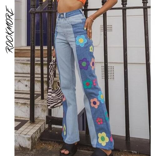 Rockmore Floral Patchwork High Waist Womens Jeans Y2K Mom Denim Trousers Streetwear Baggy Leg Pants Cotton Print Cargo Pants