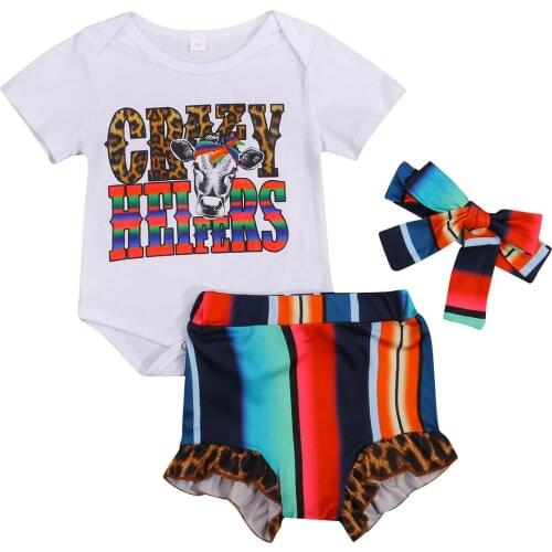 2021 0-18M Summer Baby Girl Clothes Set Cow Letter Print Short Sleeve Romper Top+Striped High Waist+Headband Casual 3pcs Set