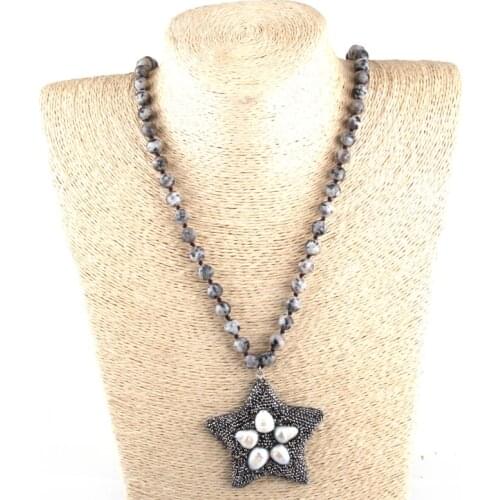 Fashion 8mm Natural Stone Long Knotted Handmade Crystal Paved Pearl Shell Star Pendant Necklaces Women Ethnic Necklace