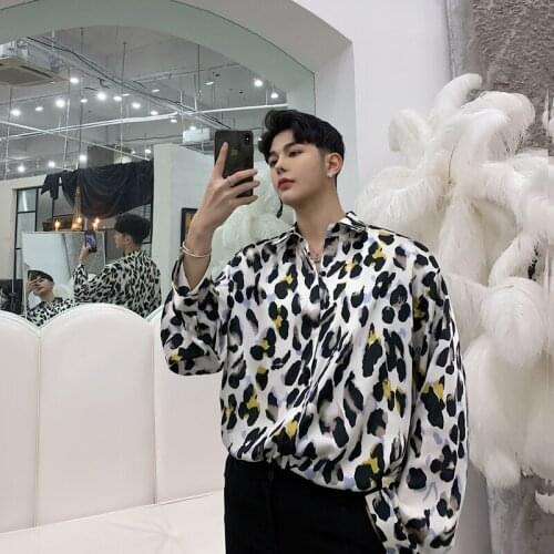 Men Retro Leopard Pattern Casual Loose Long Sleeve Shirt Male Streetwear Hip Hop Party Dress Shirts