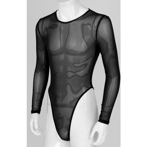 Mens Gay Exotic Costumes Teddies See-Through Mesh Bodysuit Sleepwear Long Sleeve High Cut Thongs Zipper Body Lingerie Body Suit