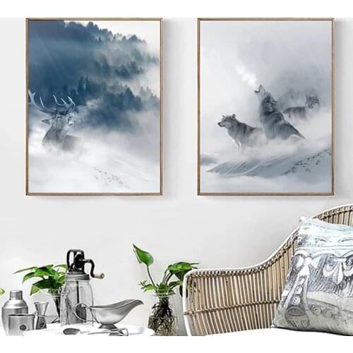 Nordic Poster Wolf Snow Mountains Deer Forest Wall Art Canvas Painting Minimalist Print Nature Picture Modern Home Room Decor