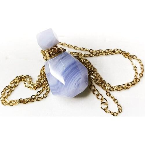 Natural Blue Lace Agate Perfume Bottle Pendant Quartz Gemstone Faceted Essential Oil Vial Gold Chain Healing Crystal Jewelry