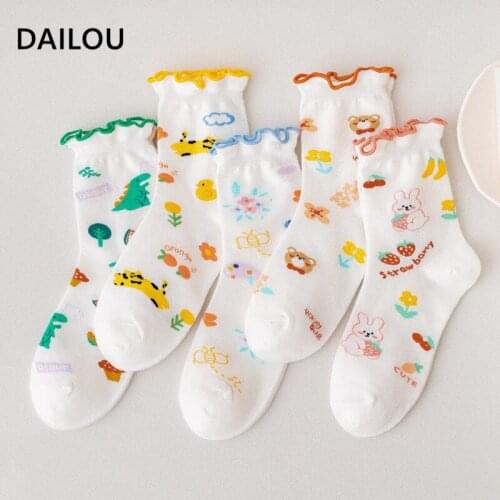 New Year Socks 2021 Kawaii Lace Women Socks Japanese Ins Cartoon Bear Rabbit Dinosaur Tube Socks Happy Funny Girl Cotton Socks