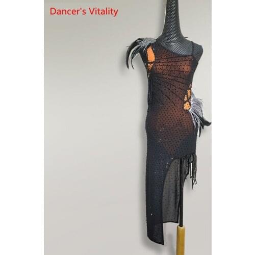 Latin Dance Dress Feather Diamond-Studded Long Skirt Tassel Performance Clothing High-End Custom Adult Child Competitio Clothes