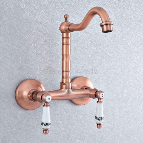 Kitchen Wet Bar Bathroom Vessel Sink Faucet Antique Red Copper Wall Mounted Swivel Spout Mixer Tap Dual Ceramic Lever tsf895
