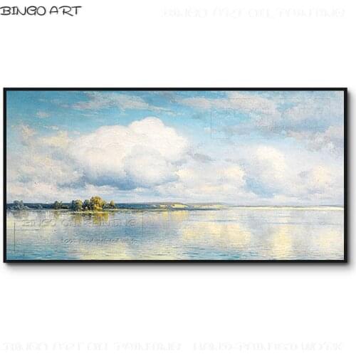Top Artist Pure Hand-painted High Quality Light Blue Sky and Ocean and White Cloud Oil Painting Beautiful Landscape Oil Painting