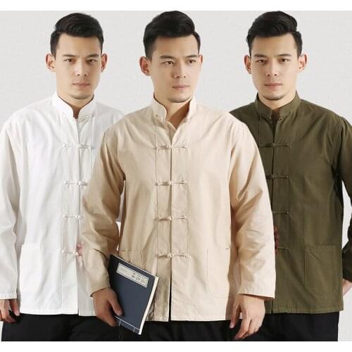 Top Men Kung Fu Tai Chi Uniform Shirt Blouse Hanfu male pure costume Long Sleeve Cotton Traditional Chinese Clothes Tang Suit