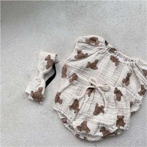 Korean Baby Kids Little Bear Print Clothing Sets Toddler Boy Girl Cotton Short Sleeve Louge wear Sets Tops Shorts Hairband 3pcs