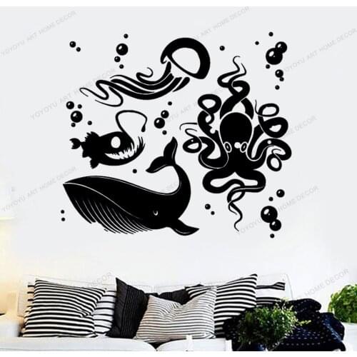 Sea Ocean Anima Wall Decal Ocean Whale Octopus Jellyfish Marine Theme Style Home Decor Bedroom Bathroom Vinyl Sticker CX496