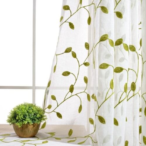 Green Half Blackout Curtains For Bedroom Tulle Curtain Embroidered Leaves polyester Linen Curtains Drapes For Living Room 072&D