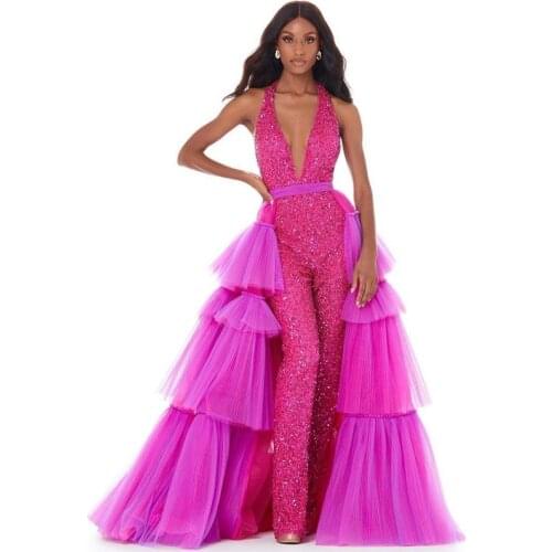 Glamorous Fuchsia Jumpsuit Prom Dresses with Detachable Train Halter Backless Outfit Sequin Pants Evening Party Gowns