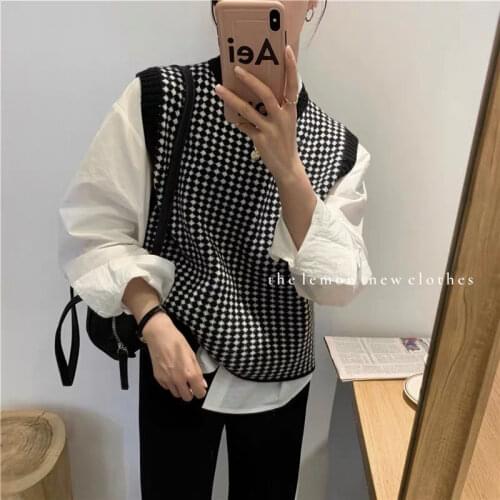 Korean Knit Houndstooth Sleeveless Sweater Knitting Vest Swoman Oversized Waistcoat Top Pullovers Jumper Sweaters Vest Female