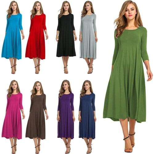 2021 Spring Autumn Fashion Womens Ladies Mid Sleeve Long Dress Crew Neck Solid Color Big Hem Plus Size Female Party Casual Wear