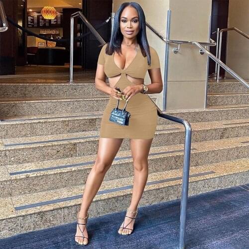 Sexy Deep V-neck Cleavage Club Party Dress Woman Summer Short Sleeve Waist Band Cut Out Vestido Chic Open Back Fitness Dresses