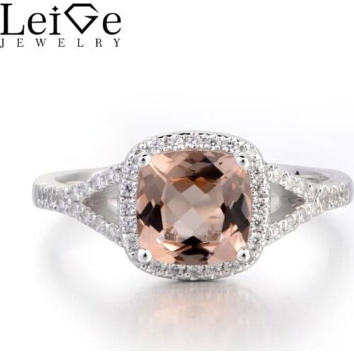 Leige Jewelry Real Natural Pink Morganite Ring Engagement Ring 925 Sterling Silver Ring Cushion Cut Pink Gemstone Gifts for Her
