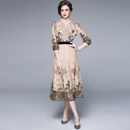 Fashion Runway Midi Dress Summer Womens Dress Half Sleeve Ruffles Lace Floral Embroidery Mesh Dress Vestidos K6717