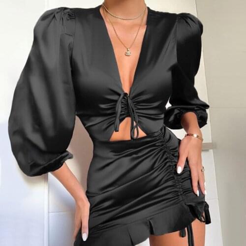 Long-sleeved Thin Women Dress Summer Pleated Ruffles Hem Belt Streetwear Creative V-neck Hollow Out Solid Ladies Slim Dresses
