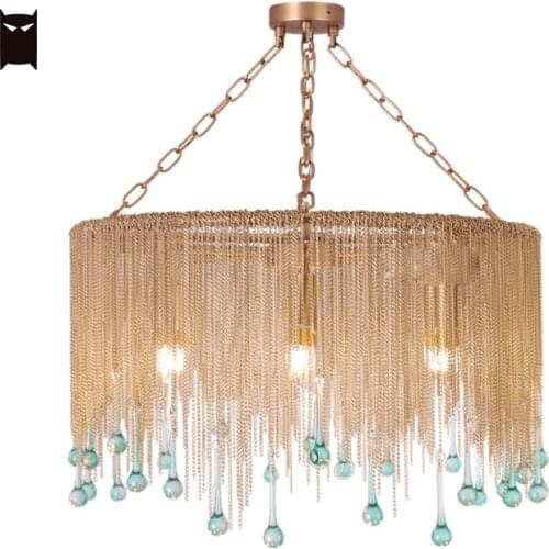 Gold Iron Blue Glass Drop Chain Pendant Light Fixture Art Deco Vintage Luxury French Contemporary Hanging Ceiling Lamp Bedroom