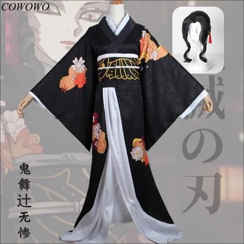 Anime! Demon Slayer: Kimetsu no Yaiba Kibutsuji Muzan Gorgeous Black Kimono Uniform Cosplay Costume Halloween Suit Free Shipping
