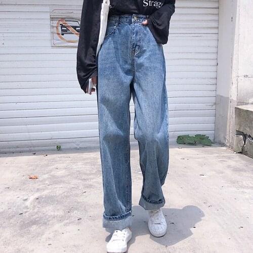 High Waist Boyfriends Jeans Plus Size Vintage Chic Denim Pants Casual Female Loose Ripped Jeans For Women Blue Wide Leg Pants