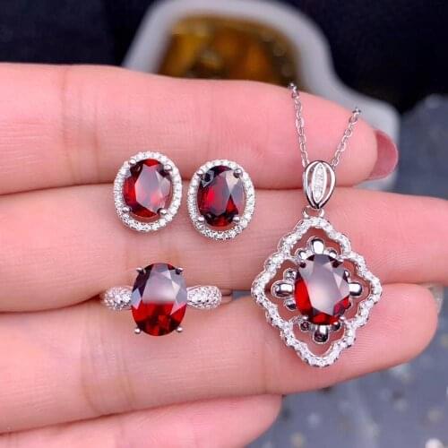 Bow tie garnet gemstone ring earrings necklace jewelry set with silver natural gem red color birthday party girl present gift