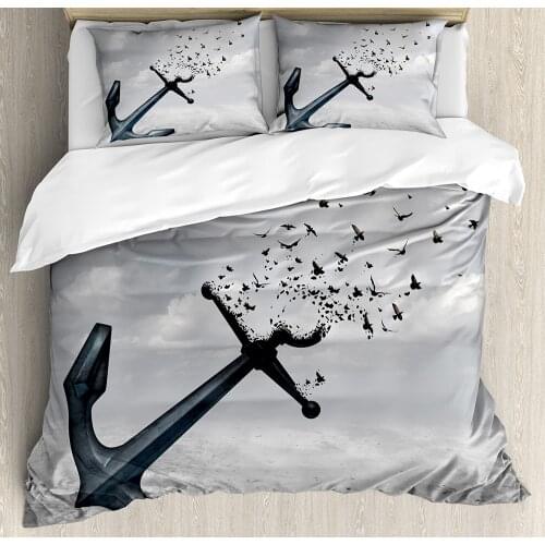 Birds Duvet Cover Set Anchor Turns into Group of Flying Birds Seagulls for Liberty and Hope Mood Graphic Art 3 Piece Bedding Set