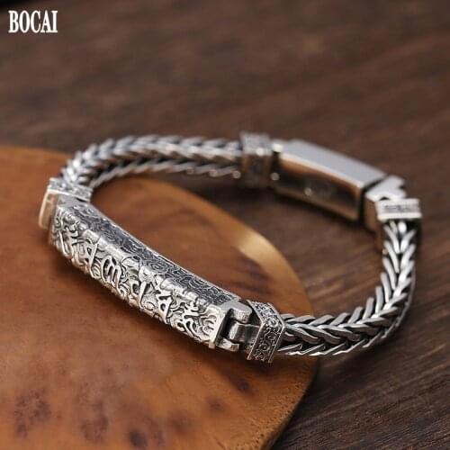 BOCAI New Real S925 pure silver man bracelet weaving craftsmanship Thai silver six-character mantra good luck bracelet for man