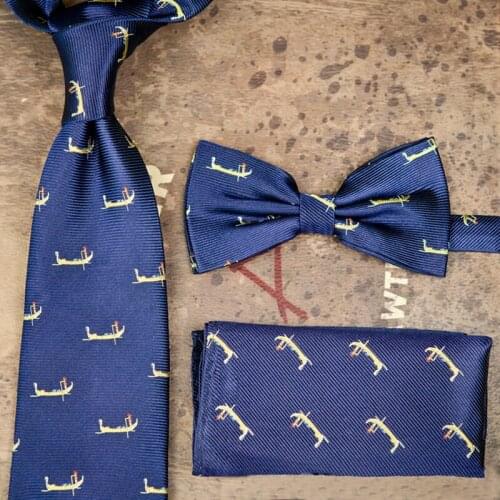 Ferry Boat Pattern Navy Blue Mens Tie Sets Neckties Bow Tie Pocket Square 100% Silk Jacquard Woven Suit Gift For Men Brand New
