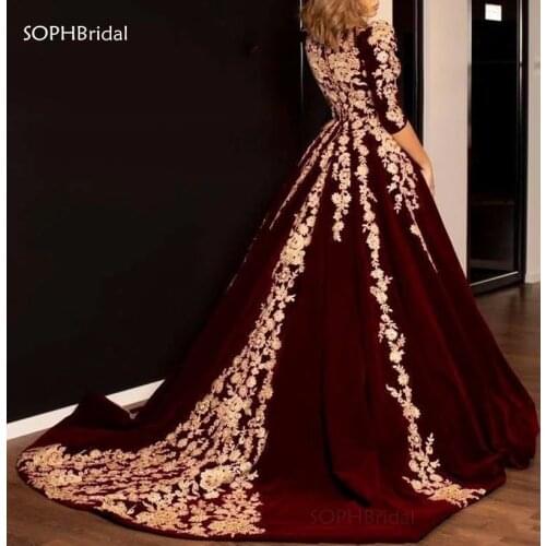 New Arrival Evening Dresses Vestidos Burgundy Caftan Algerien Velvet Formal Party Dresses Appliques Peplum Evening Prom Gown