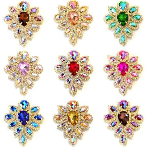 5.8x4.5cm Colorful Glass Crystal Rhinestones Applique Gold Base Multicolor Applique Sew On Rhinestone For Wedding Dress B3528