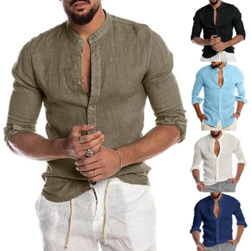 Men Casual Autumn Long Sleeve Stand Collar Single-breasted Office Shirt Solid Mens Shirt