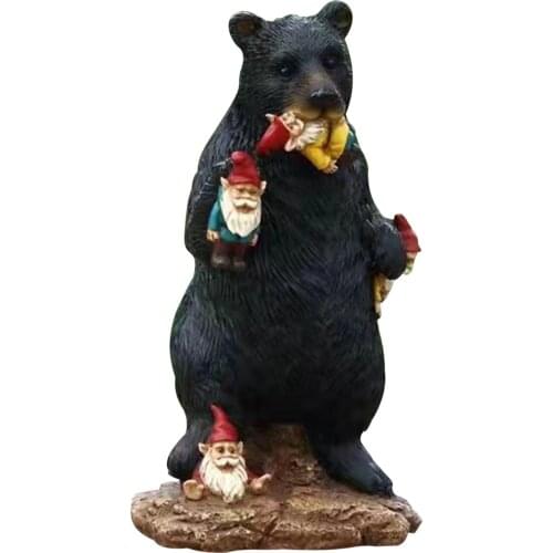 Black Bear Eating Gnomes Garden Statue Yard Art Lawn Decoration Garden Gnome Dwarf Resin Figurine Statue Decoration