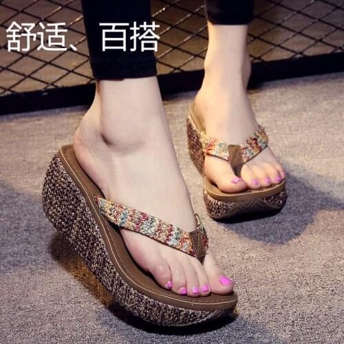 Flip-flops womens non-slip beach shoes with high heels and thick feet summer slippers slope heels leisure outdoor slippers