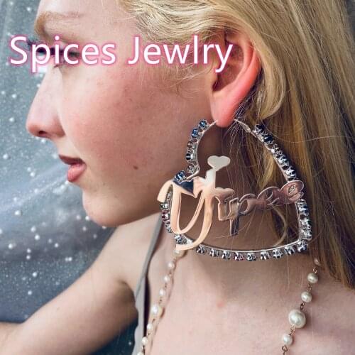 Spices Jewlry Colorful Zircon Earrings Custom-named Heart-shaped Geometric Zircon Earring Hip-hop Style Custom hoop Earrings
