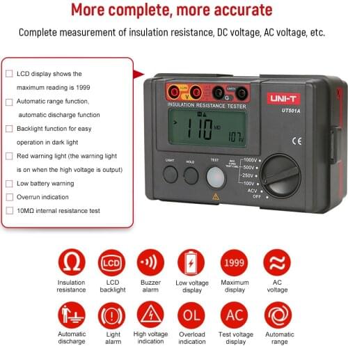 UNI-T Insulation Resistance Tester Meter UT501A Megger Earth Ground Resistance Voltage Tester Megohmmeter Voltmeter