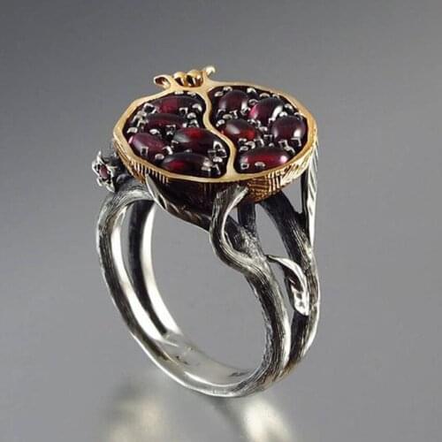 FYJS Unique Silver Plated Rattan and Light Yellow Gold Color Garnet Stone Finger Ring Ethnic Style Jewelry