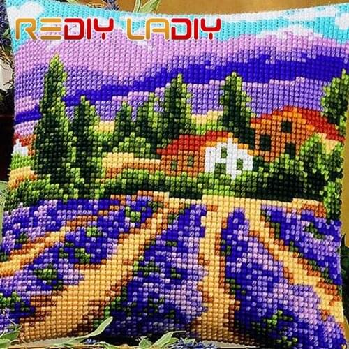 Cross Stitch Cushion Lavender Landscape Make Your Own Pillow Chunky Cross Stitch Kits Printed Canvas Acrylic Yarn Pillow Case