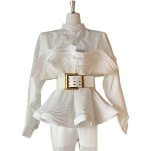 WIGADFHK High Quality Korean Fashion Female Blouse 2021 Autumn Designer NewPleated Ruffle Short Sleeve Shirt Women O-Neck Tops