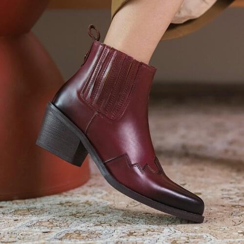 2020 High Quality Genuine Leather Ankle Boots Women Pointed Toe Thick Heel Chelsea Boots Calf Leather Women Boots Ladies Shoes