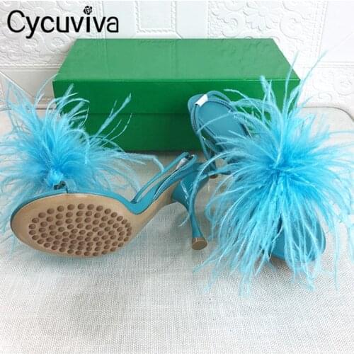 New Blue Feather Sandals Women flip-flops Leather High Heels Sandalias Ladies Summer Fur Shoes Pumps Party Wedding Shoes Woman