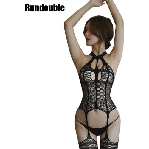 Women Nightwear See Through Open Crotch Bodystockings Sexy Fishnet Halter Bodysuit Mesh Hollow Out TeddyLingerie Erotic Costumes