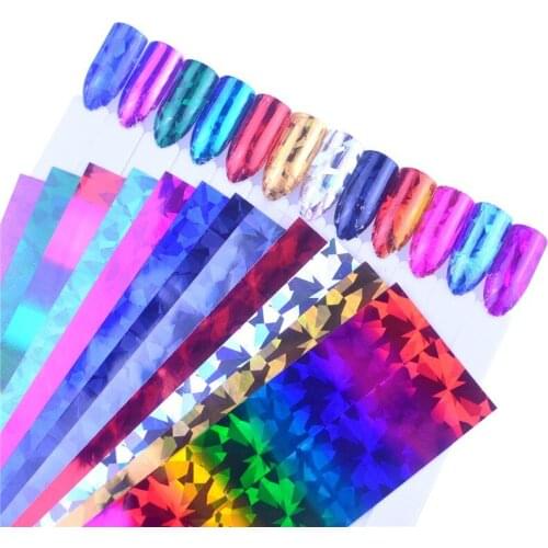 12pcs Charm Nail Foils Polish Stickers Laser Color Starry Paper Transfer Foil Wraps Adhesive Decals Nail Art Decorations