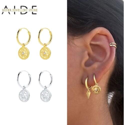 AIDE 925 Sterling Silver Flower Pattern Hoop Earrings for Women Retro Round pendientes Pierced Earings Fine Jewelry kolczyki