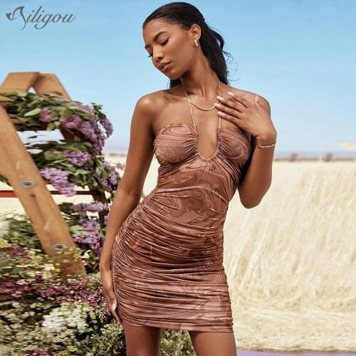 Ailigou 2021 WomenS Fashion Print Print Sexy Mini Dress Bodycon Elegant Sleeveless Backless Draped Celebrity Dress Vestido