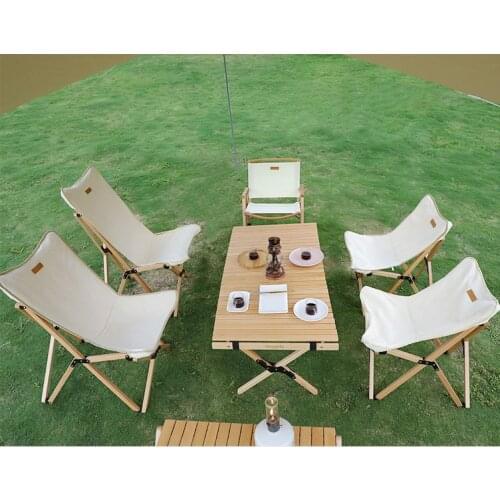 Beige Wood Camping Folding Chair Wooden Portable Outdoor Picnic Chair for Korea BBQ or Fishing, Garden Outdoor
